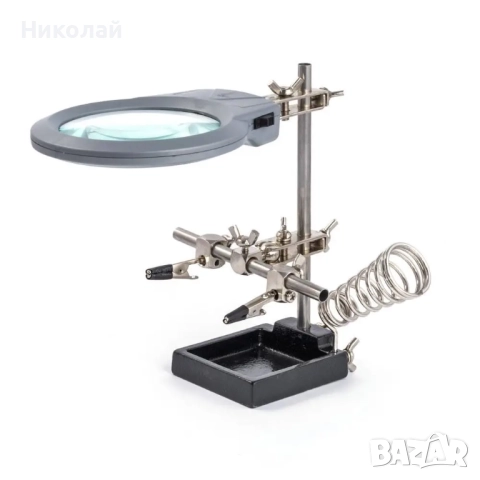 Държач за платки и поялник MG16129-A с LED подсветка и двойна лупа, снимка 4 - Друга електроника - 52334309