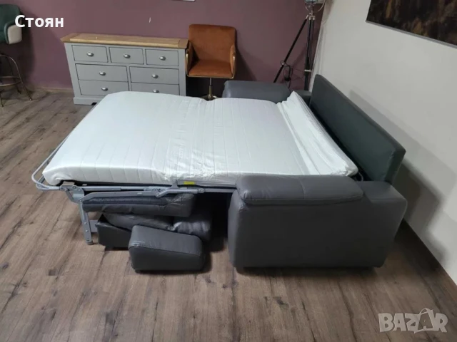 Сив кожен диван тройка с функция сън, снимка 9 - Дивани и мека мебел - 50887109