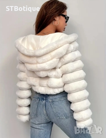 🧥 Елегантно дамско палто от изкуствена козина и качулка – STBoutique, снимка 8 - Якета - 51937982