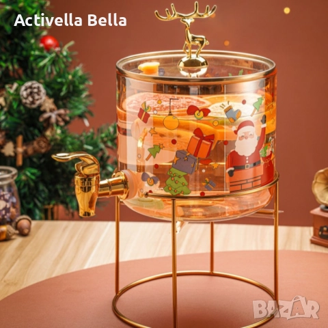 Стъклен диспенсър за напитки 2.6 L с коледен дизайн и златиста стойка, снимка 2 - Аксесоари за кухня - 52558534
