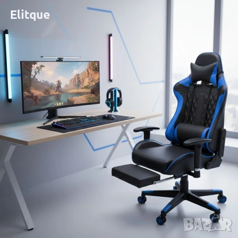 Геймърски стол за релакс с масаж и подложка за крака – син, снимка 4 - Столове - 53242924