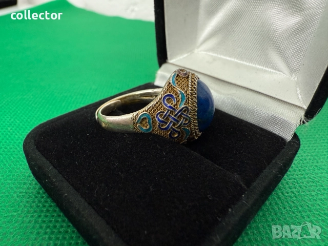 Уникат ! Сребърен пръстен с емайл / позлата и лапис лазули. №7638, снимка 5 - Пръстени - 52502949