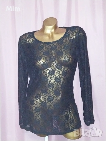 XL Черна дантелена блуза с дълъг ръкав 