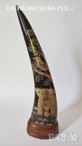 За декорация- двойка ръчно резбовани рогове на дървена поставка, снимка 5 - Антикварни и старинни предмети - 51279139