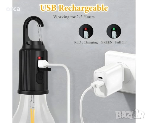 Акумулаторна LED къмпинг лампа ретро крушка HK-169 с кука, снимка 6 - Екипировка - 52247749