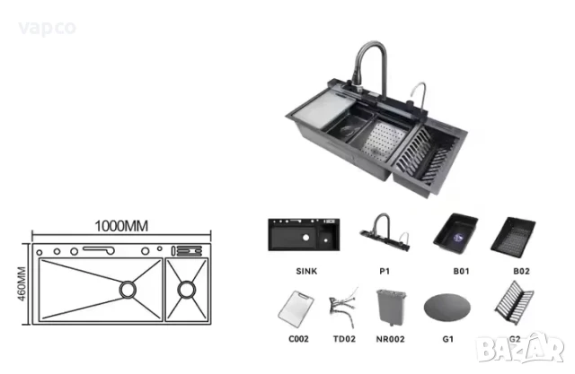 Мултифункционална кухненска мивка с двоен водопад и отделение за чинии и прибори, снимка 14 - Мивки - 50960545