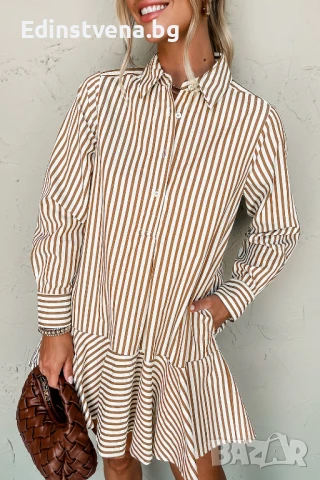 Дамска рокля тип риза на райе в кафяво и бяло