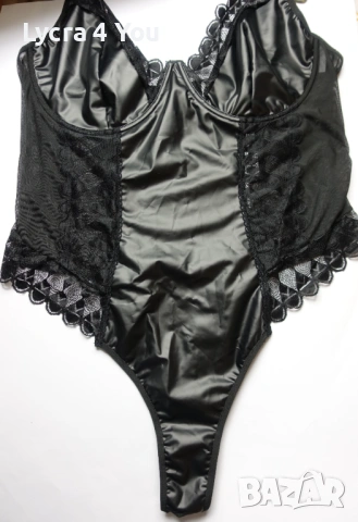 XL ново черно боди с еко кожа, дантела и тюл, снимка 3 - Бельо - 53375863