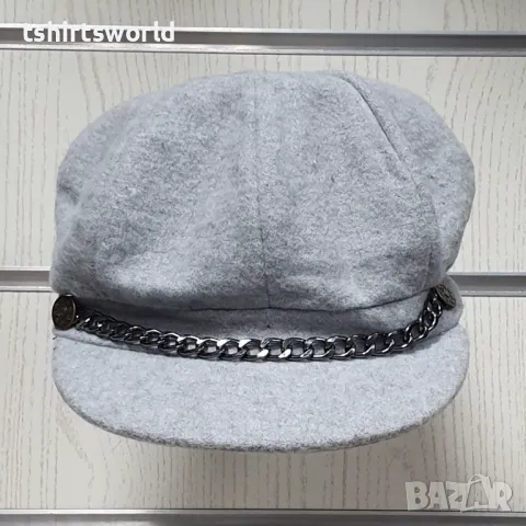 Нова зимна дамска шапка baker boy със синджир в сив цвят