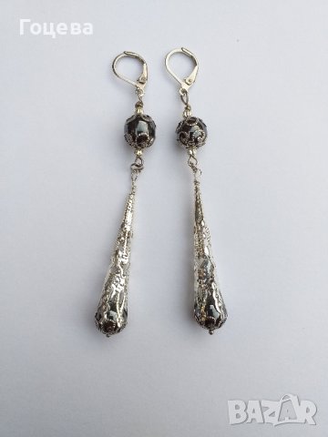 Разкошни обици с камъни Хематит и богати орнаменти в цвят сребро, снимка 3 - Обеци - 41565971