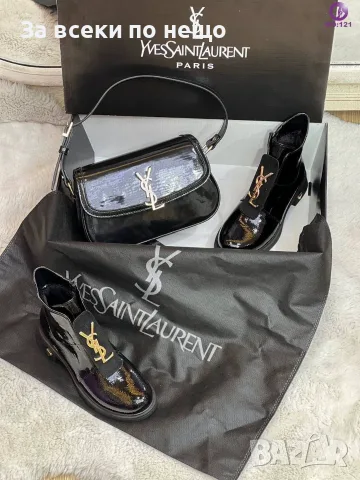 Yves Saint Laurent Луксозни Дамски Лачени Боти Със Златисто Лого С Нисък Ток - 2 Цвята Код SEM-988