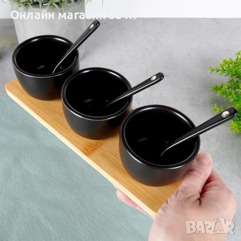Комплект от 3 керамични купи с лъжици върху бамбуков поднос, 21,5x6,5x5,5 см, черни 139686, снимка 5 - Прибори за хранене, готвене и сервиране - 53230864