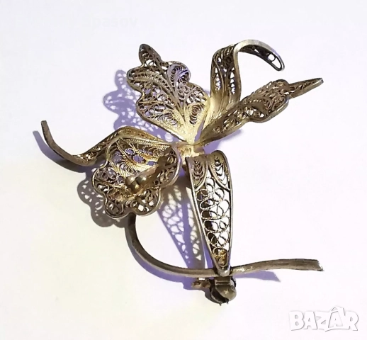 Старинна Сребърна Брошка Красива Дива Орхидея Филигран, снимка 4 - Други - 52437969