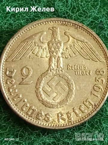 Сребърна монета 2 райхсмарки 1938г. Германия Трети Райх с Свастика за КОЛЕКЦИОНЕРИ 46912, снимка 2 - Нумизматика и бонистика - 53615779