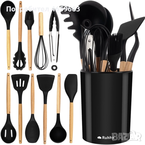 Комплект силиконови прибори за готвене 12бр. с поставка черни Ruhhy