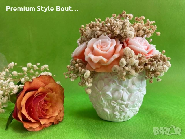 Нежни рози в меки прасковени нюанси, обгърнати от ефирен гипсофил, събрани в бяла керамична кашпа., снимка 4 - Декорация за дома - 53747596