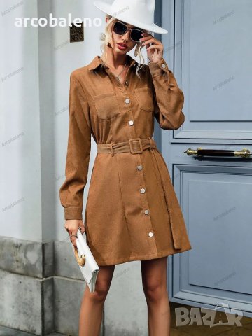 Дамска рокля от рипсено кадифе с дълъг ръкав в стил риза с ревер, снимка 3 - Рокли - 42080824