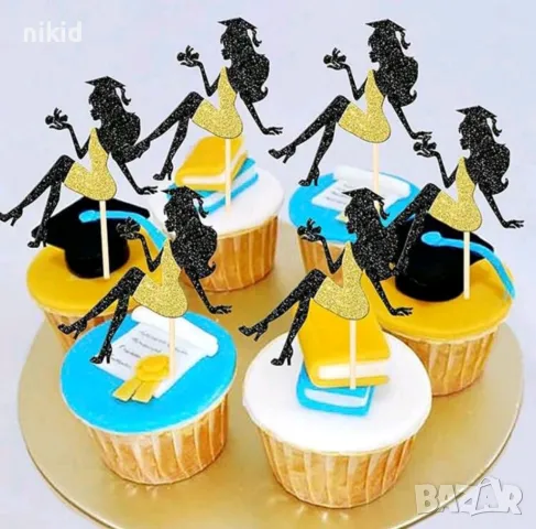Момиче Абитуриент завършване бал черен брокатен картонен топер украса декор за торта кексче мъфин