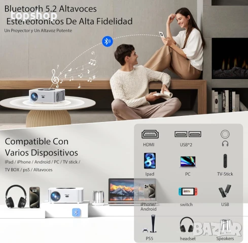 НОВ, ПЕРФЕКТЕН проектор【Android TV】Horlat 4K с поддръжка на 6G WiFi Bluetooth, 28000 лумена, 300"..., снимка 5 - Плейъри, домашно кино, прожектори - 50623774