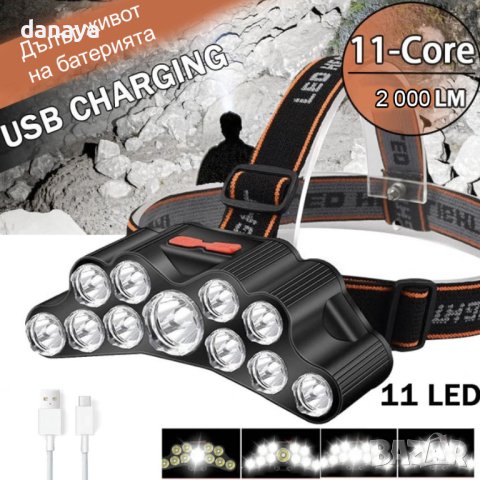 3764 Led фенер за глава челник с 11 LED диода и USB, снимка 1 - Къмпинг осветление - 41079781