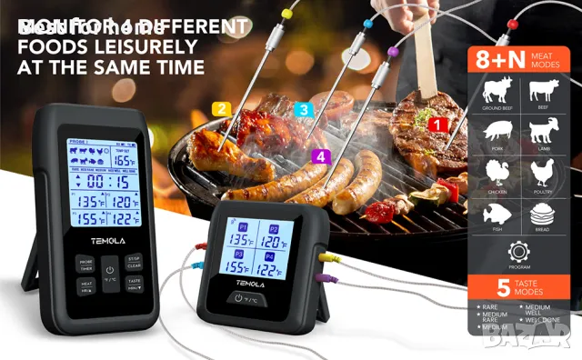 TEMOLA TM40 Безжичен цифров термометър за месо с незабавно отчитане с 4 сонди и кухненски таймер