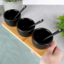 Комплект от 3 керамични купи с лъжици върху бамбуков поднос, 21,5x6,5x5,5 см, черни 139686, снимка 5