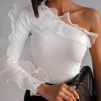 дамска елегантна блуза рипс с тюл в бяло, снимка 1 - Блузи с дълъг ръкав и пуловери - 39867079