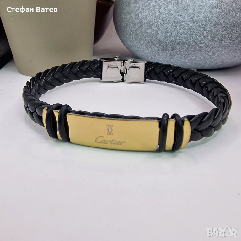 Мъжка кожена гривна Cartier от медицинска стомана с 18K позлата, снимка 1