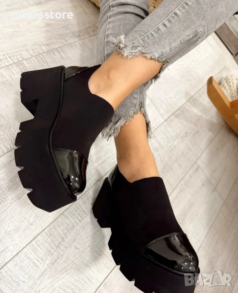Обувки на платформа - черен неопрен и лак - NPR22 , снимка 1