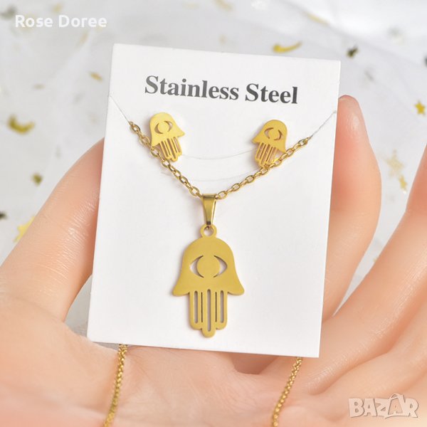 RD 339 Комплект Ръката Фатима бижута обеци и колие в златисто медицинска стомана безплатна доставка, снимка 1