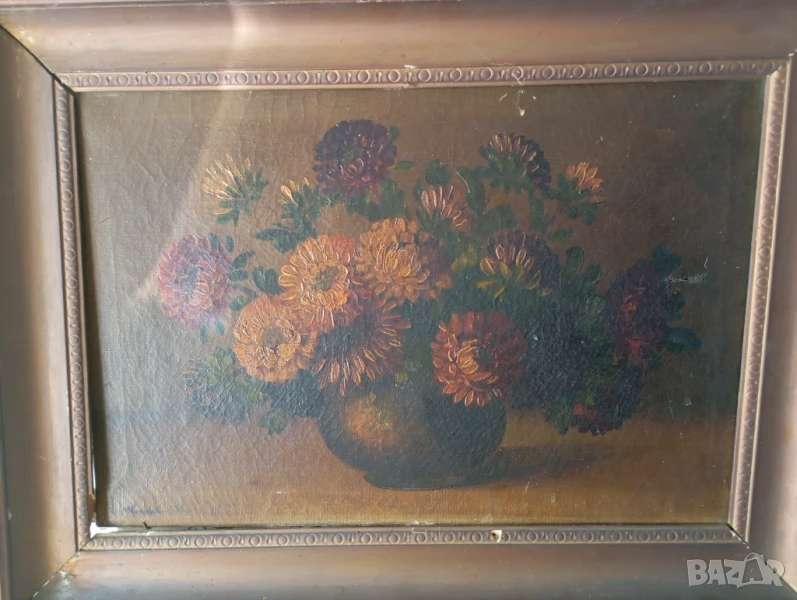 Стара картина - цветя, снимка 1