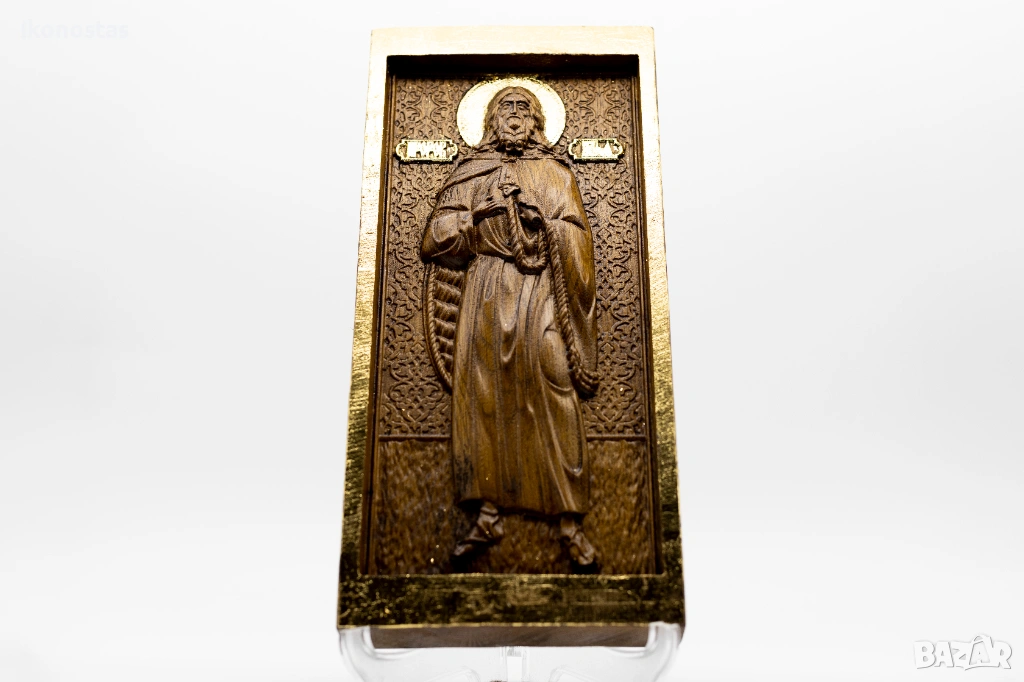 Позлатена икона на пророк Илия от масивен дъб с детайли от злато, снимка 1