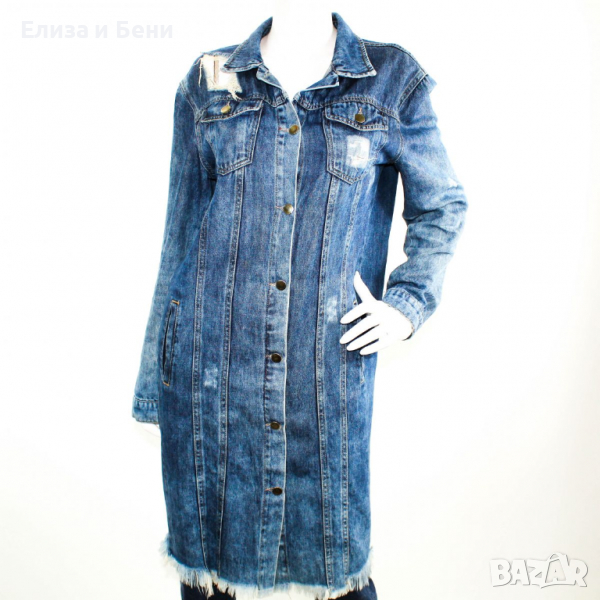 Удължено дънково яке, прокъснат ефект, изтъркано, уникат син деним, снимка 1
