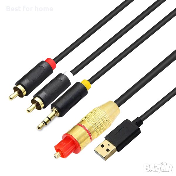 USB оптичен цифров аналогов аудио кабел, AUX SPDIF цифров оптичен към 3,5 mm + 2 RCA жак конвертор, снимка 1