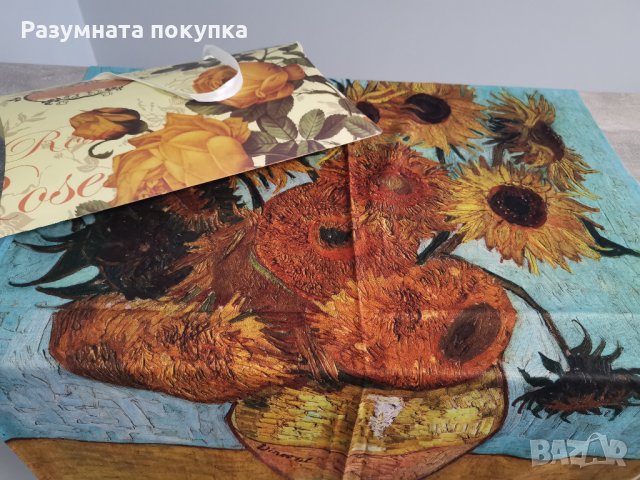 Кашмирен шал с принт на картина по творби на известни художници в комплект с ръкавици, снимка 5 - Шалове - 34079001