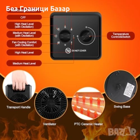 Нов тих Керамичен вентилаторен отоплител 750/1500W Печка Духалка стая, снимка 6 - Отоплителни печки - 52581527