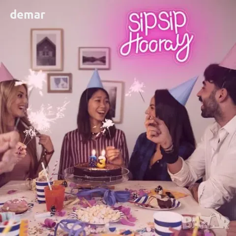 Розов LED неон „Sip Sip Hooray“ за стенна декорация, снимка 5 - Лед осветление - 55955509