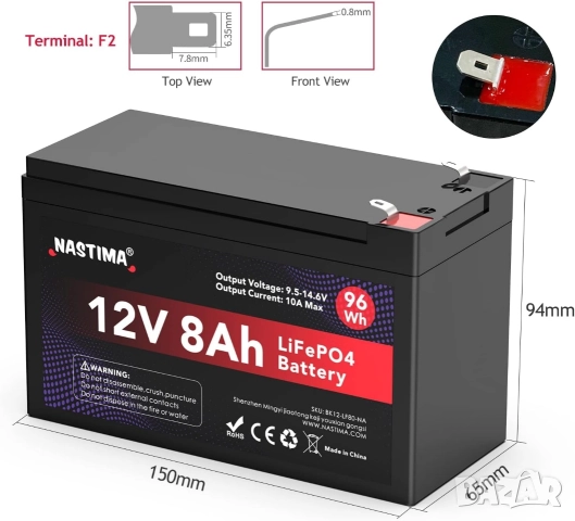 12V 8Ah LiFePO4 Акумулаторна батерия с вграден BMS и голям цикъл (4000+), NASTIMA , снимка 7 - Друга електроника - 52574889