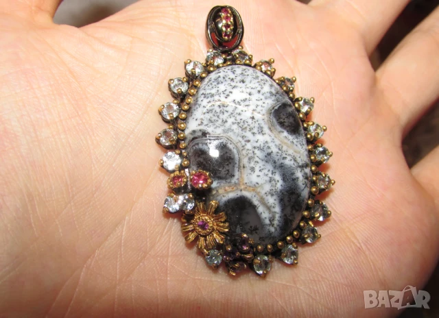 925 сребърно колие с дендритен яспис 48карата, размер 56x35x7мм. общо тегло 19.3гр., снимка 5 - Колиета, медальони, синджири - 47611049