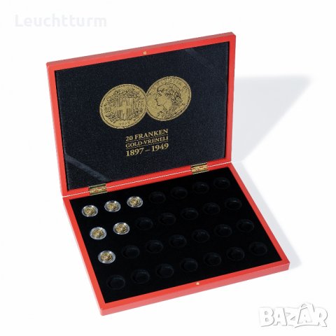 луксозна кутия VOLTERRA за 28 броя монети " VRENELI '' 20 златни франка Швейцария