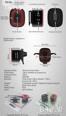 USB акумулаторна LED задна светлина, CUBELITE II Smart Bike Light, снимка 3 - Аксесоари за велосипеди - 40305644
