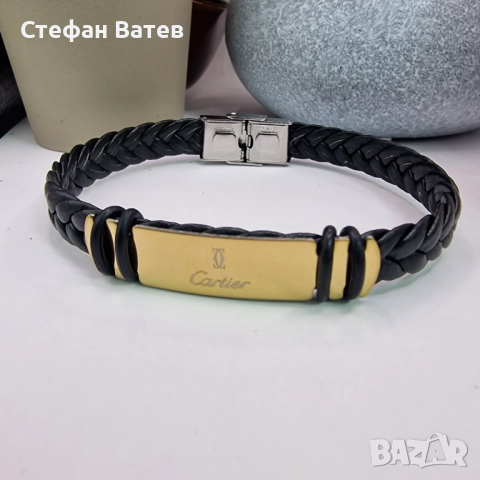 Мъжка кожена гривна Cartier от медицинска стомана с 18K позлата