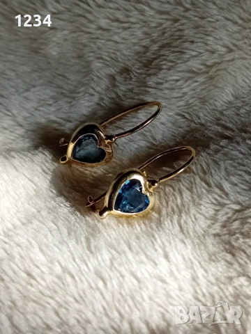 Златни обеци с аквамарини сърца, снимка 5 - Обеци - 53140212