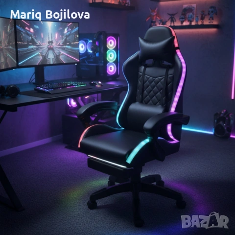 Черен геймърски стол с масаж, LED осветление и поставка за крака – ергономичен, с дистанционно