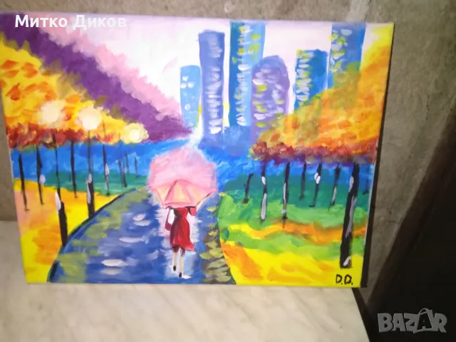 	Картина Цветна разходка под дъжда 40х30см маслени бои подписана, снимка 3 - Декорация за дома - 49069136