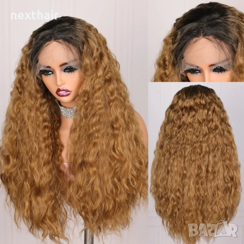 Медено руса омбре перука с черни корени лейс фронт дантела 13*4*1, снимка 3 - Аксесоари за коса - 51436121