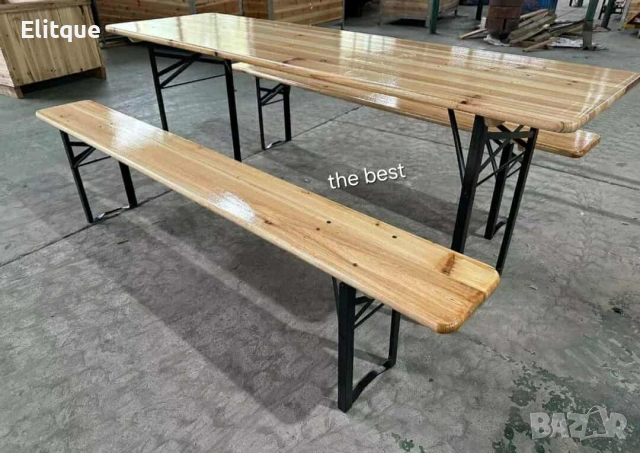 Сгъваем комплект градинска маса с 2 пейки - От чамово дърво, с отвор за чадър, снимка 3 - Други стоки за дома - 53501739