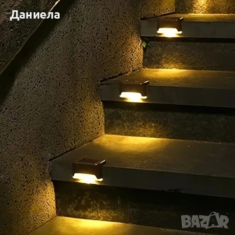 Комплект от 4 броя соларни LED лампи за стълби и огради – Водоустойчиви IP44, топла светлина, снимка 11 - Лед осветление - 53833193