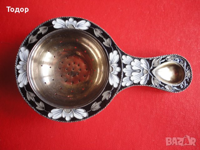 Уникална руска сребърна цедка за чай емайл позлата 916, снимка 10 - Колекции - 38740723