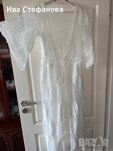 Нова ефирна плажна бяла памучна памук дантелена наметка плажна дълга риза кафтан плажна дълга рокля, снимка 5 - Туники - 41610284